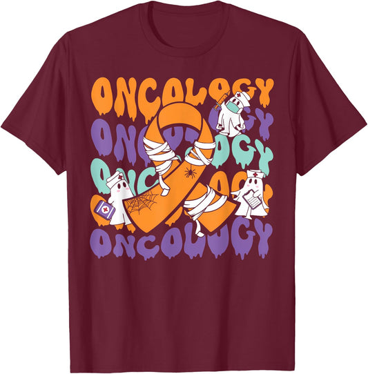 Oncology Nurse Halloween Ribbon Heme Onc RN Cancer Awareness T-Shirt - T-Shirt | Maroon