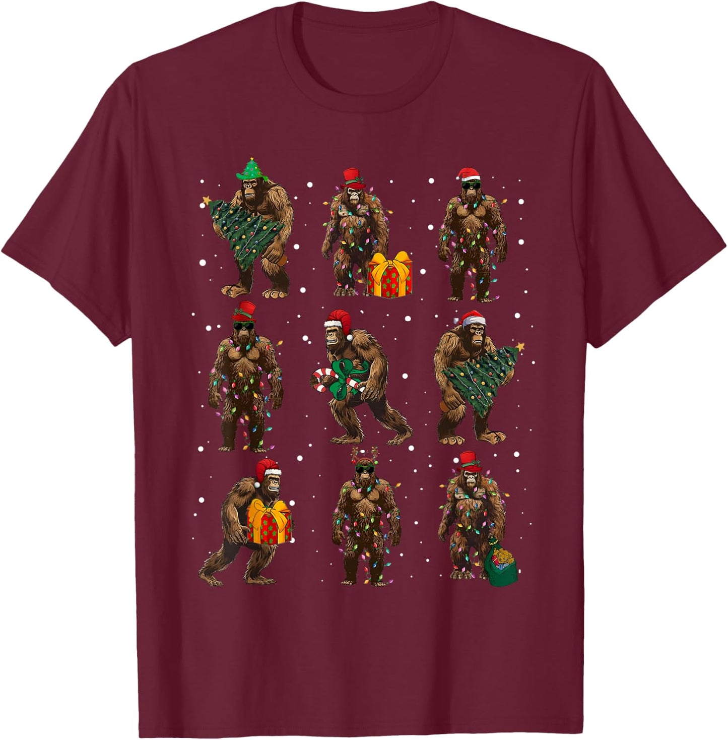 Bigfoot Christmas Tree Lights Xmas Decorations Boys Men PJ T-Shirt - T-Shirt | Maroon