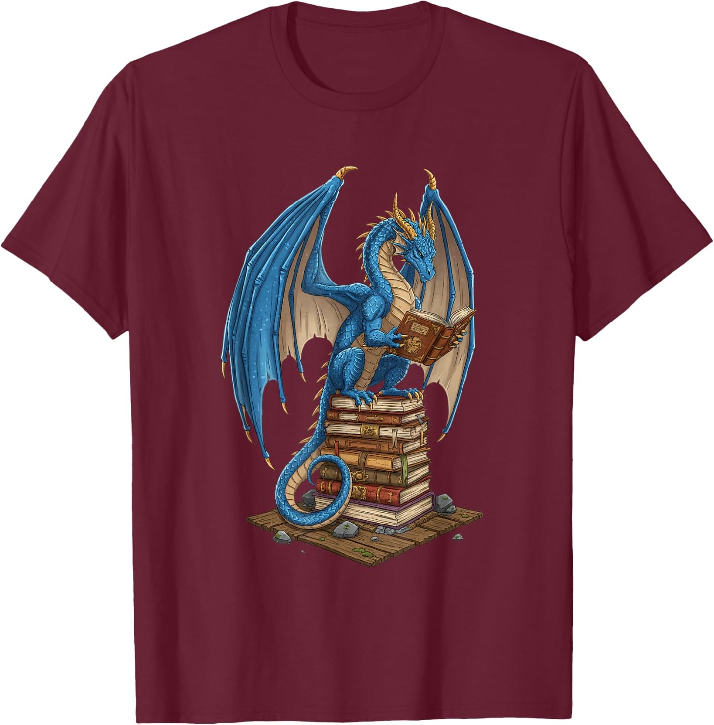 Literary Dragon Reading Books - Fantasy Illustration for Bib T-Shirt - T-Shirt | Maroon