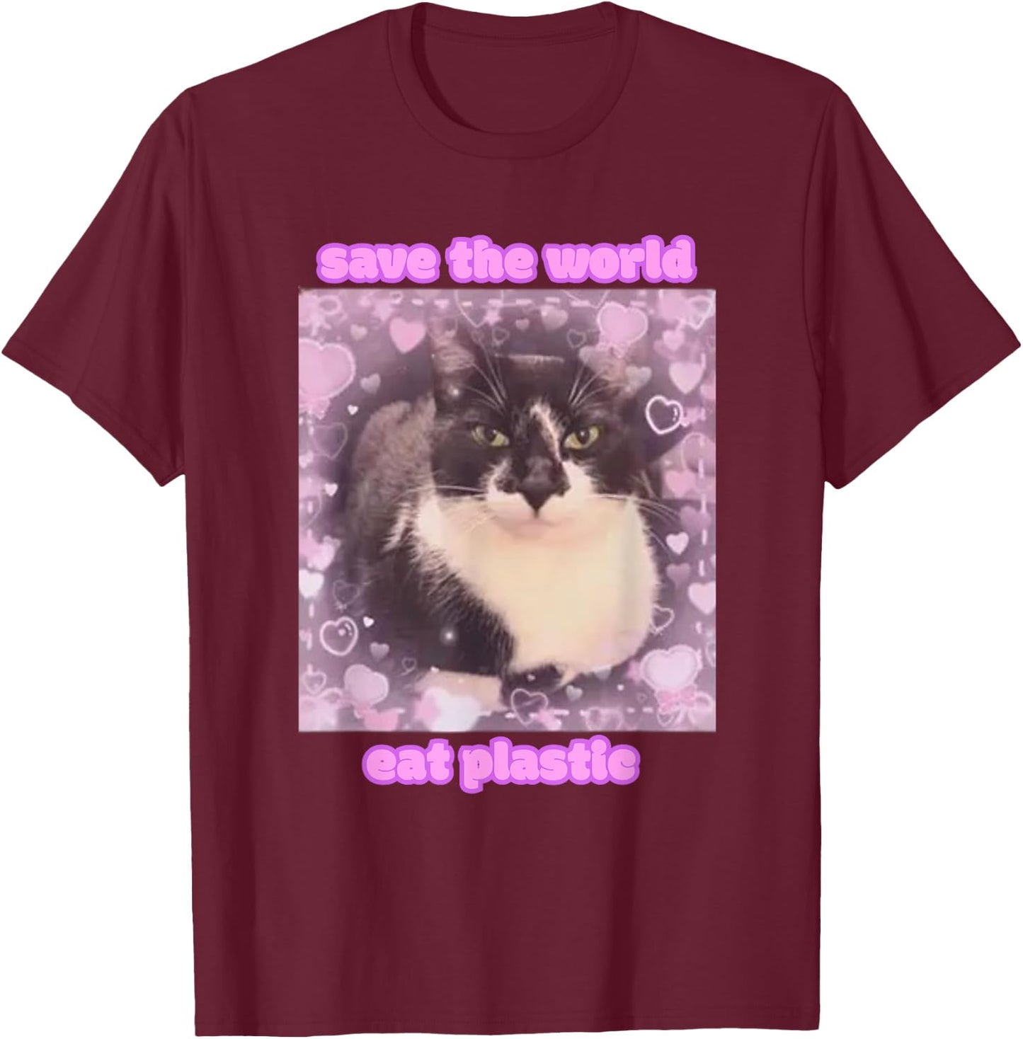 Cat Graphic with Funny Slogan Save The World Eat Plastic y2k T-Shirt - T-Shirt | Maroon