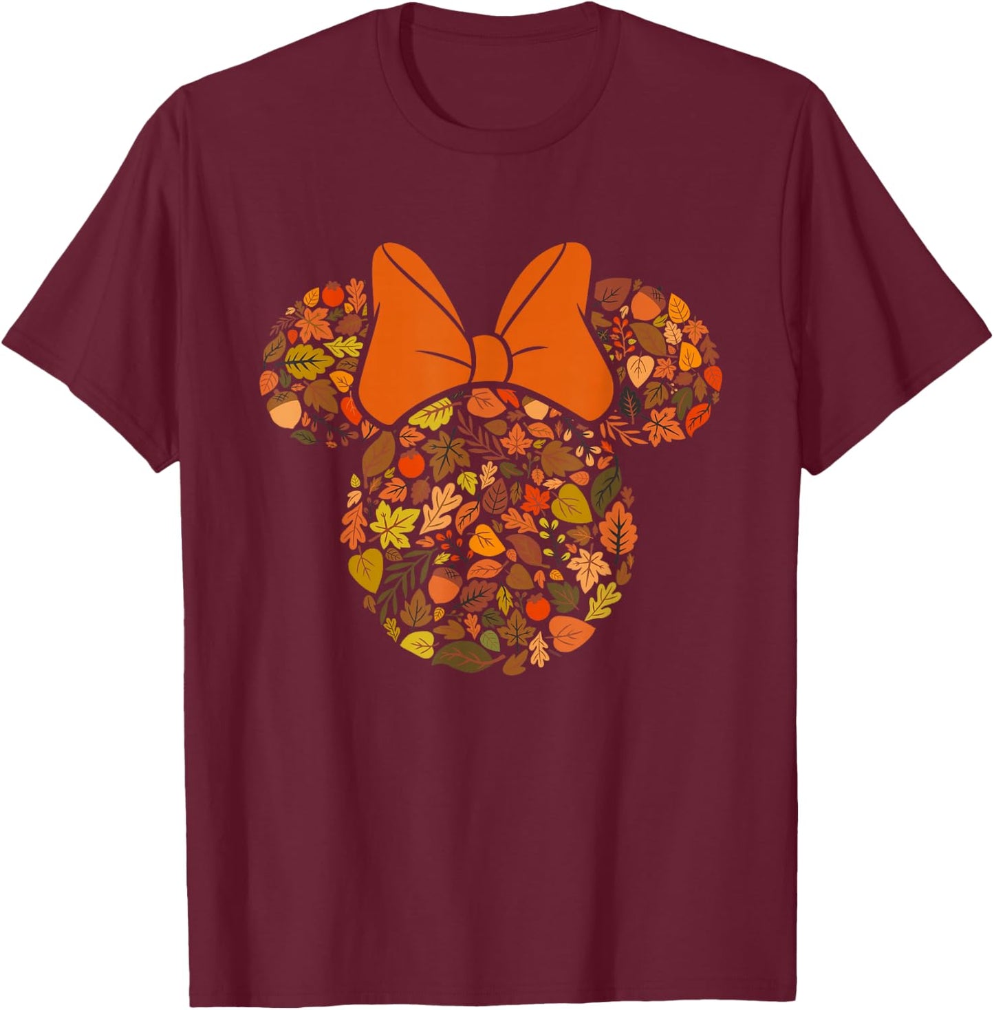 Disney Minnie Mouse Head and Ears Icon Fall Leaves T-Shirt - T-Shirt | Maroon