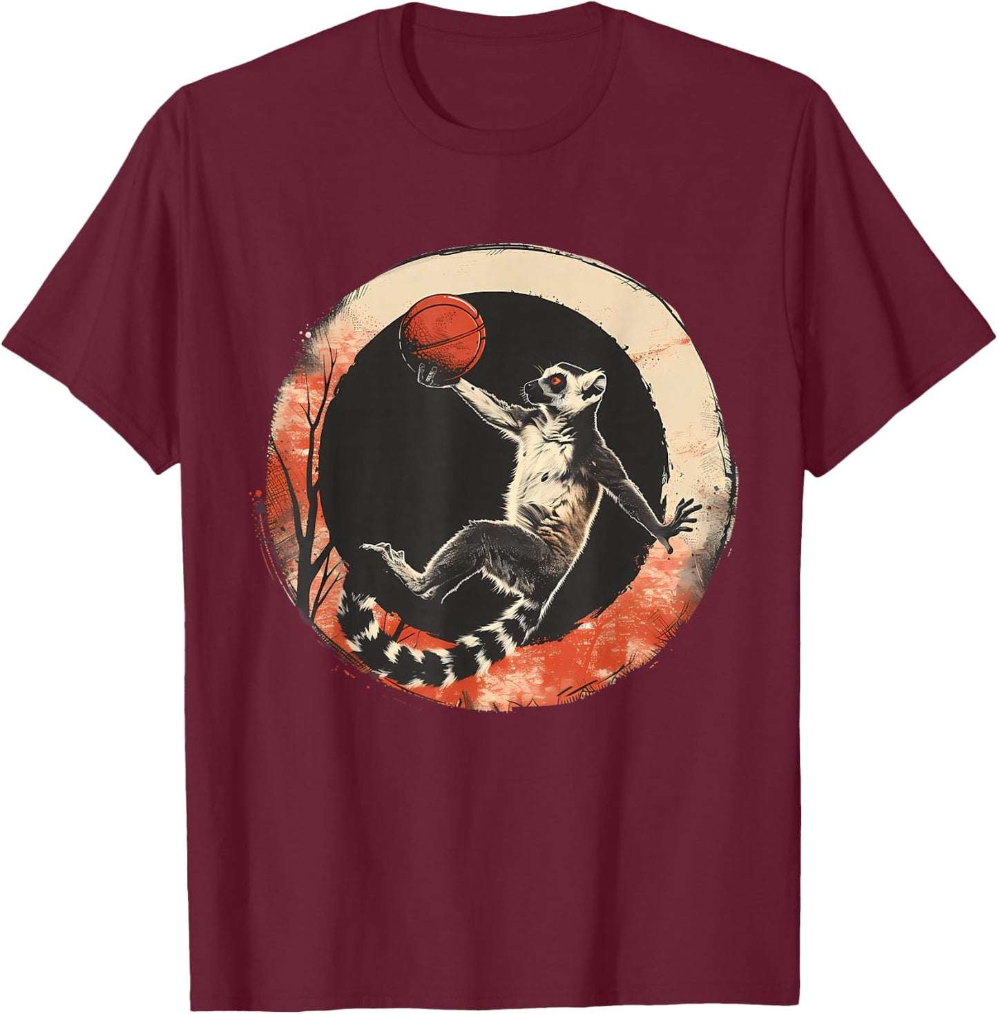 Basketball Lemur Drawing Basketball Player Animal Art T-Shirt - T-Shirt | Maroon