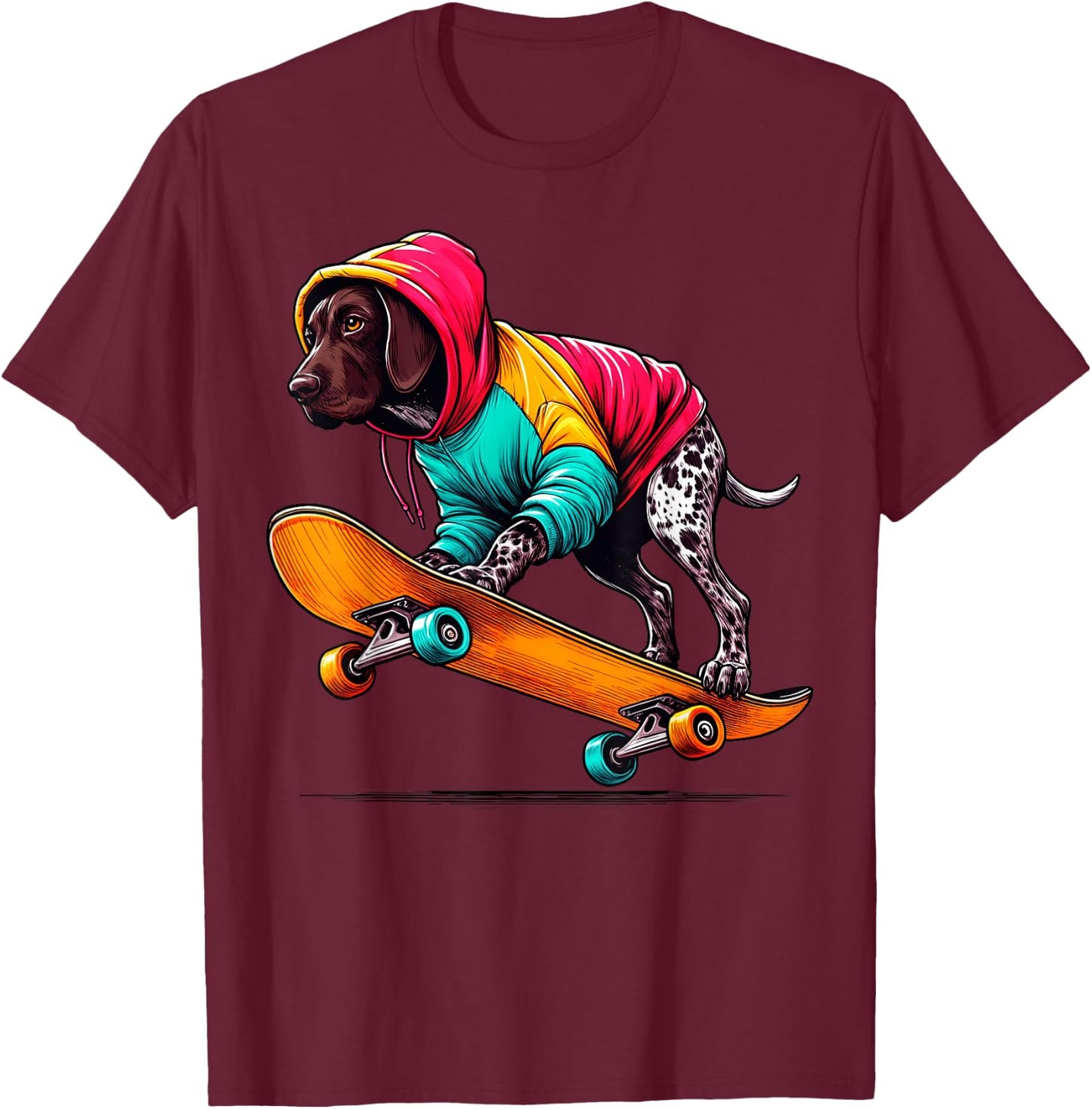 Cool German Shorthaired Pointer Dog Skateboarding Art T-Shirt - T-Shirt | Maroon