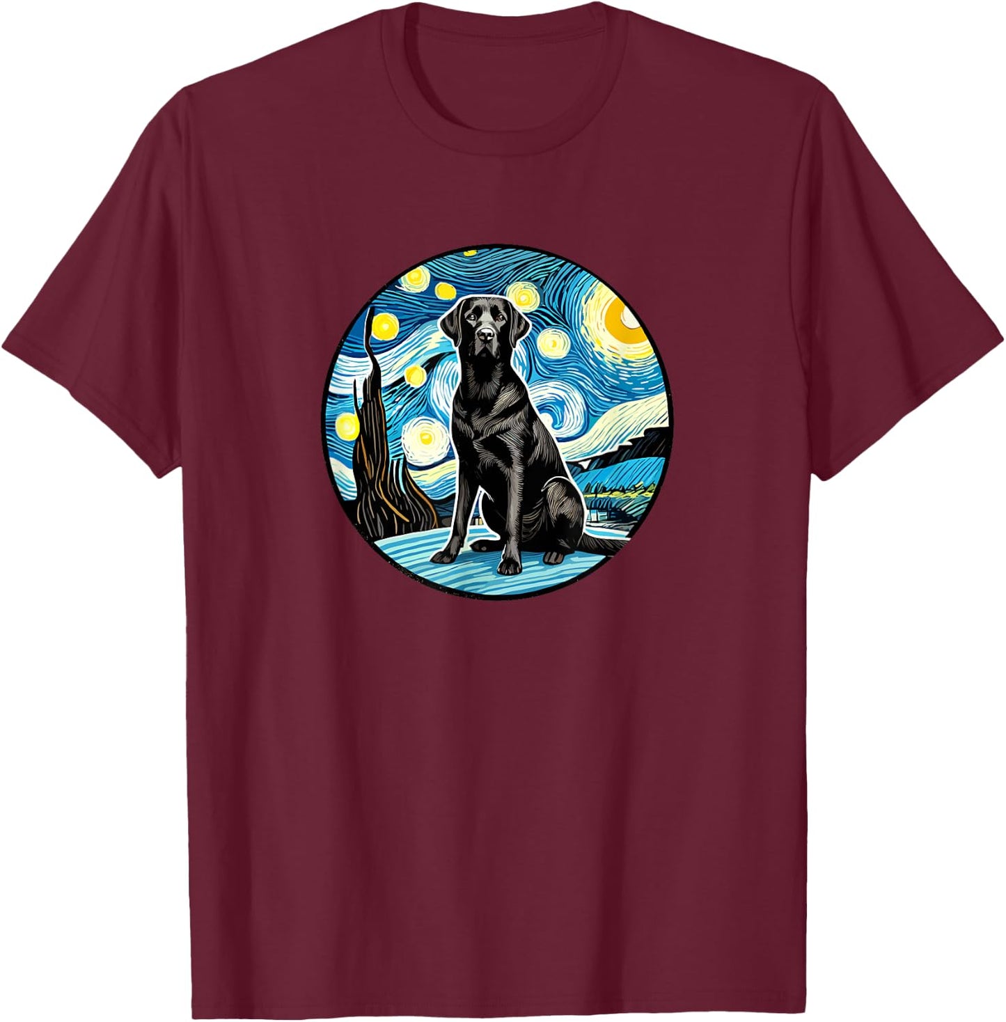 Black Labrador Retriever Lab - Van Gogh Starry Night Style T-Shirt - T-Shirt | Maroon