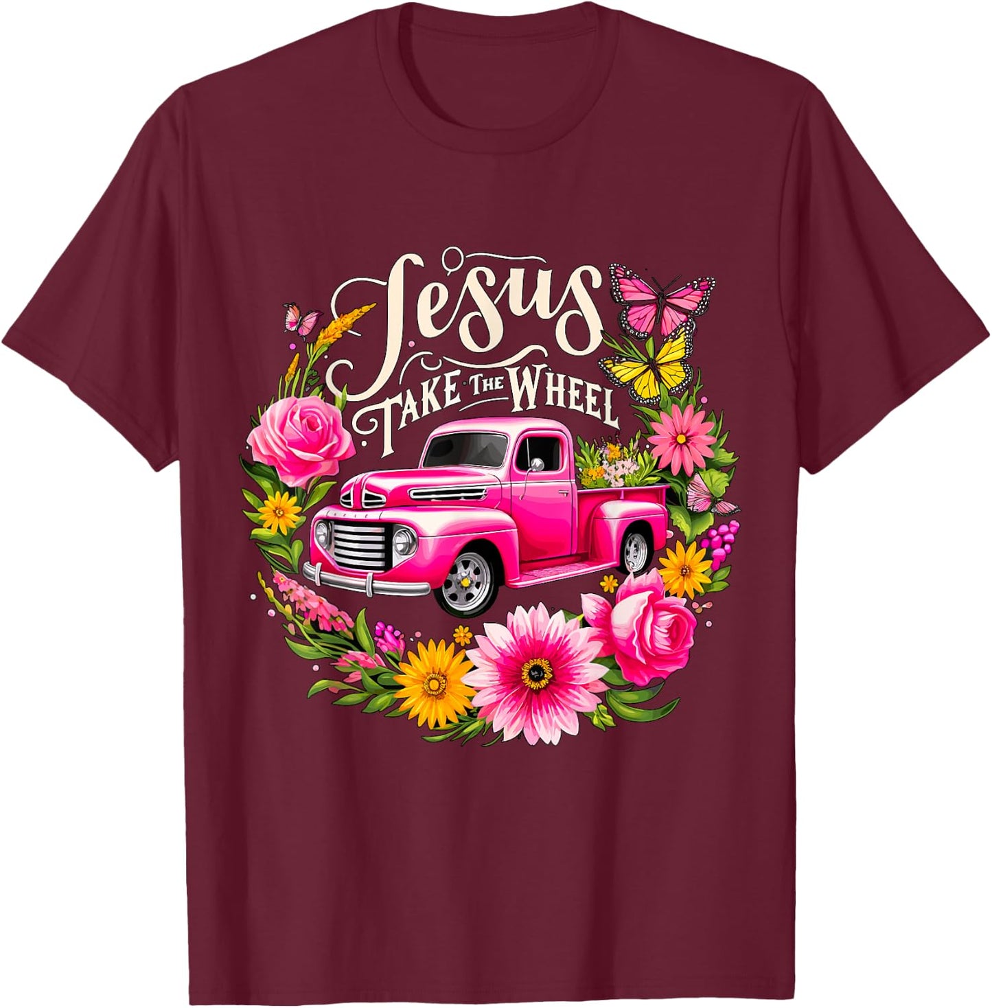 Jesus take the Wheel Floral Farm Truck Christmas Xmas T-Shirt - T-Shirt | Maroon