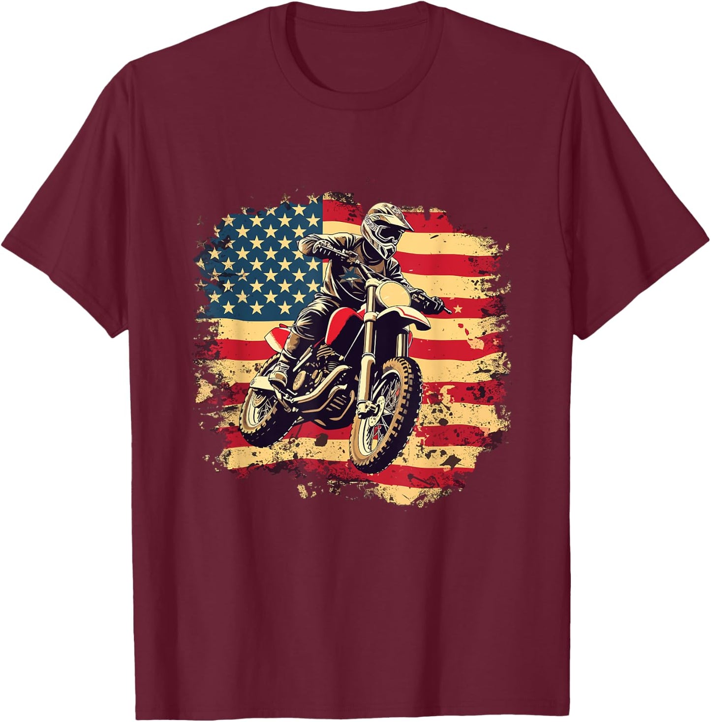 Bike American Vintage USA flag Motocross Biker 4th of July T-Shirt - T-Shirt | Maroon