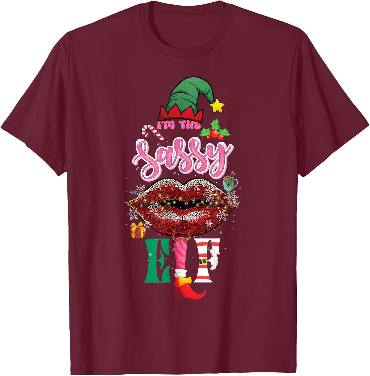 Funny Christmas Clothing I'm The Sassy Elf Sweet Lips Xmas T-Shirt - T-Shirt | Maroon
