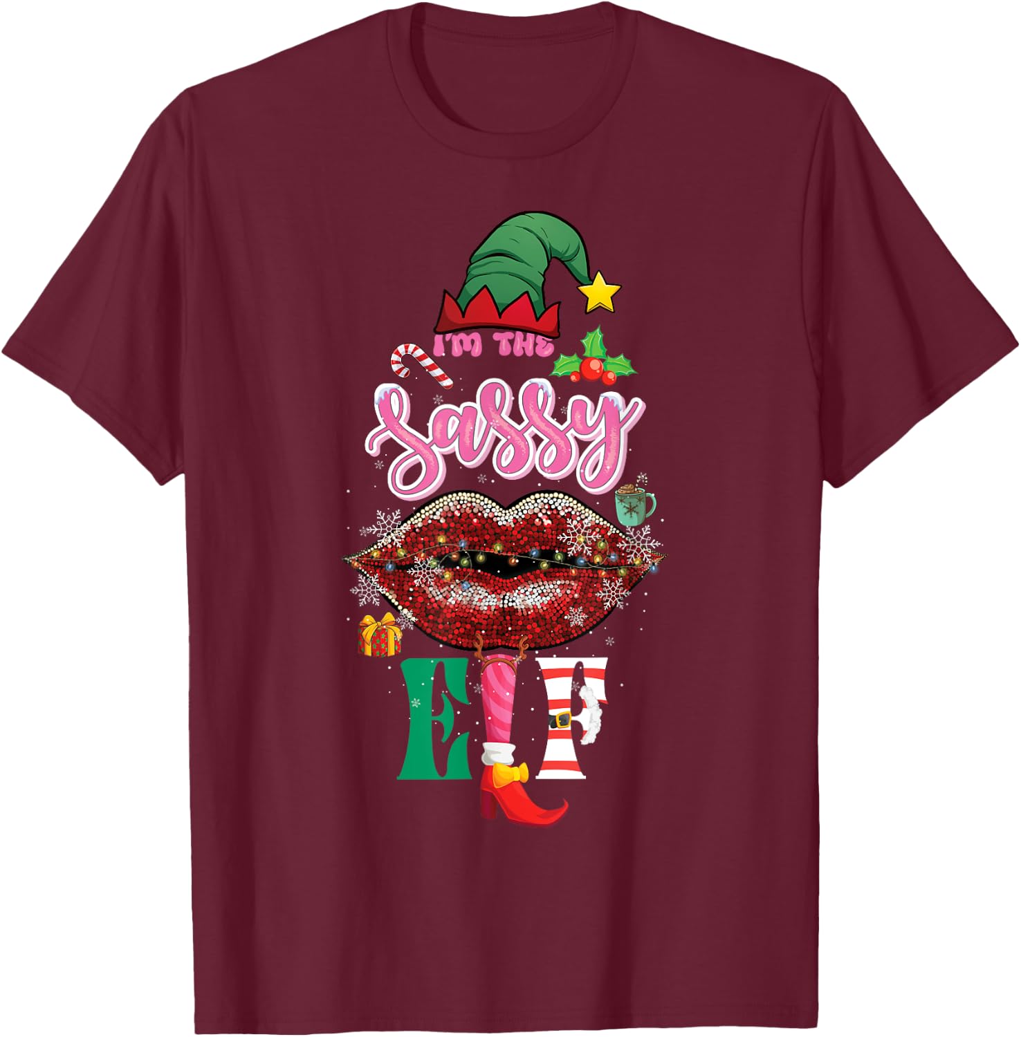 Funny Christmas Clothing I'm The Sassy Elf Sweet Lips Xmas T-Shirt - T-Shirt | Maroon