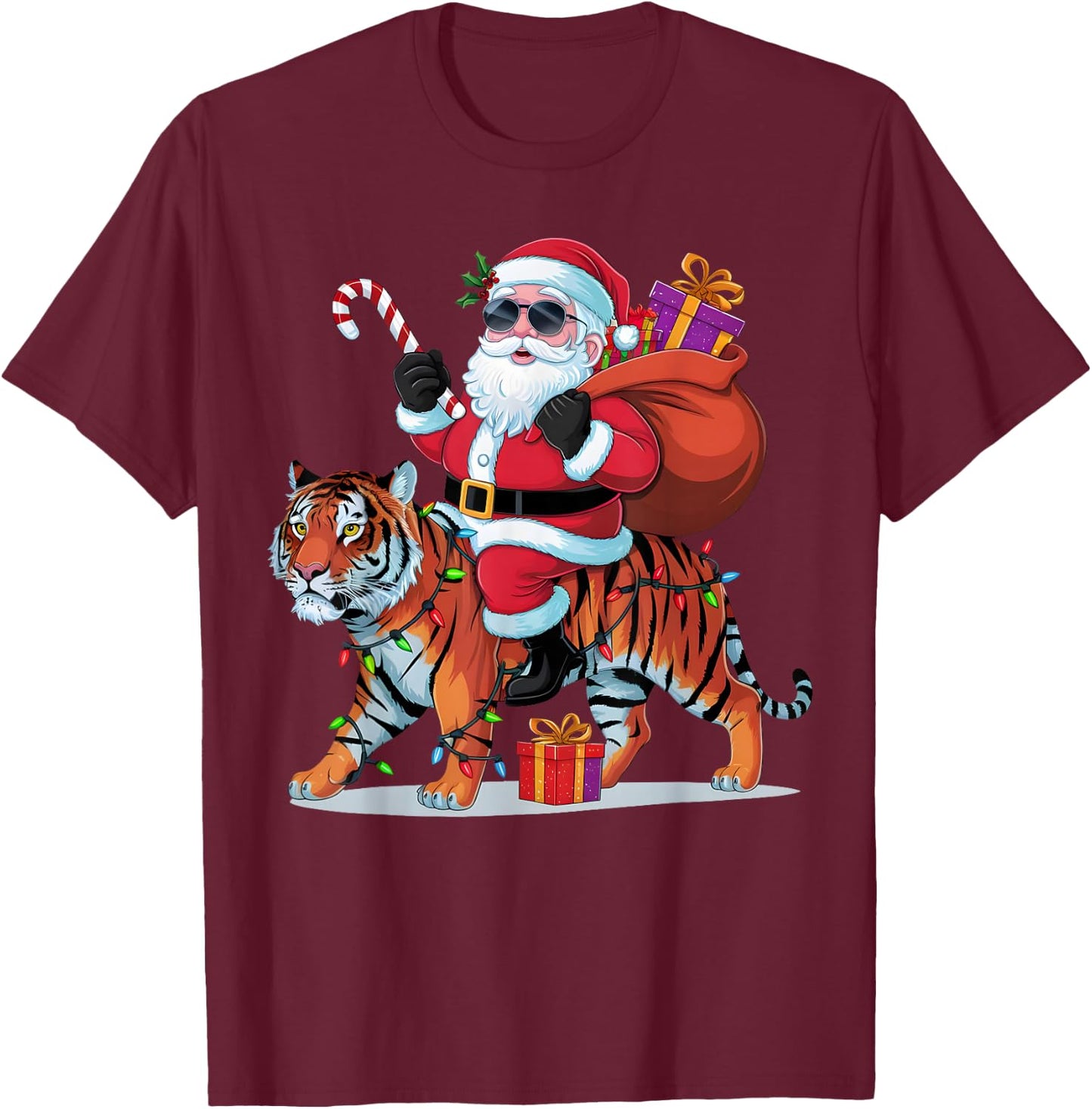 Tiger Lover Xmas Lighting Santa Riding Tiger Christmas T-Shirt - T-Shirt | Maroon