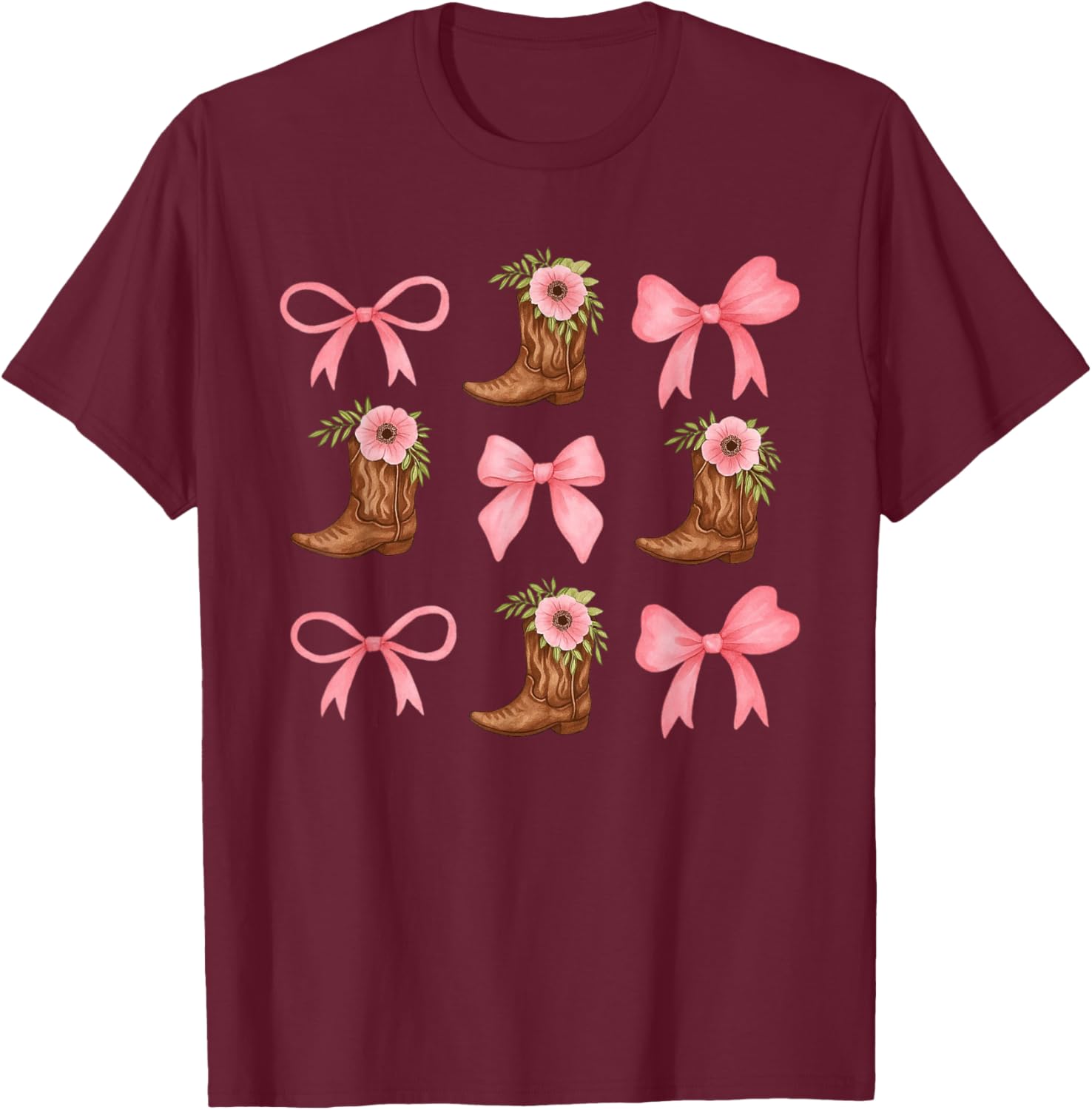 Coquette Pink Bow Cowgirl Boots Western Country Youth Teen T-Shirt - T-Shirt | Maroon