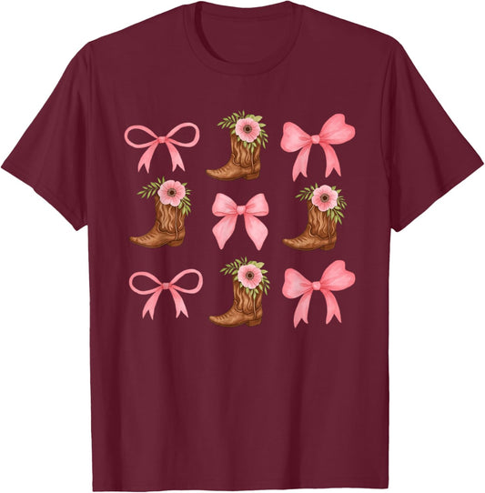 Coquette Pink Bow Cowgirl Boots Western Country Youth Teen T-Shirt - T-Shirt | Maroon
