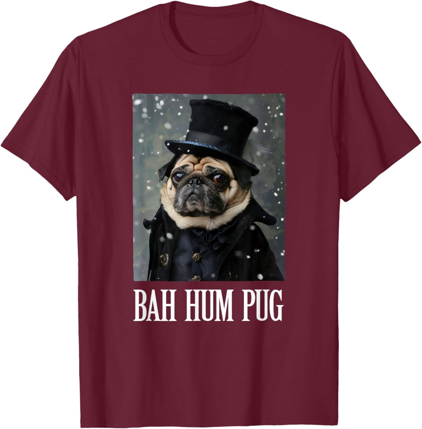 Funny Dog Bah Hum Pug Christmas Pet Holiday Photo Humbug Bug Women Girls Kids T-Shirt - T-Shirt | Maroon