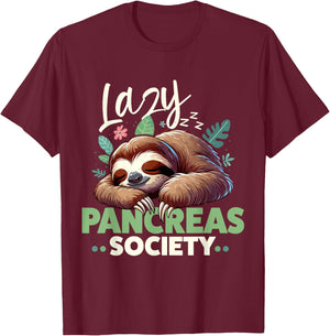 Lazy Pancreas Society Cute Sloth Diabetes Awareness T-Shirt - T-Shirt | Maroon