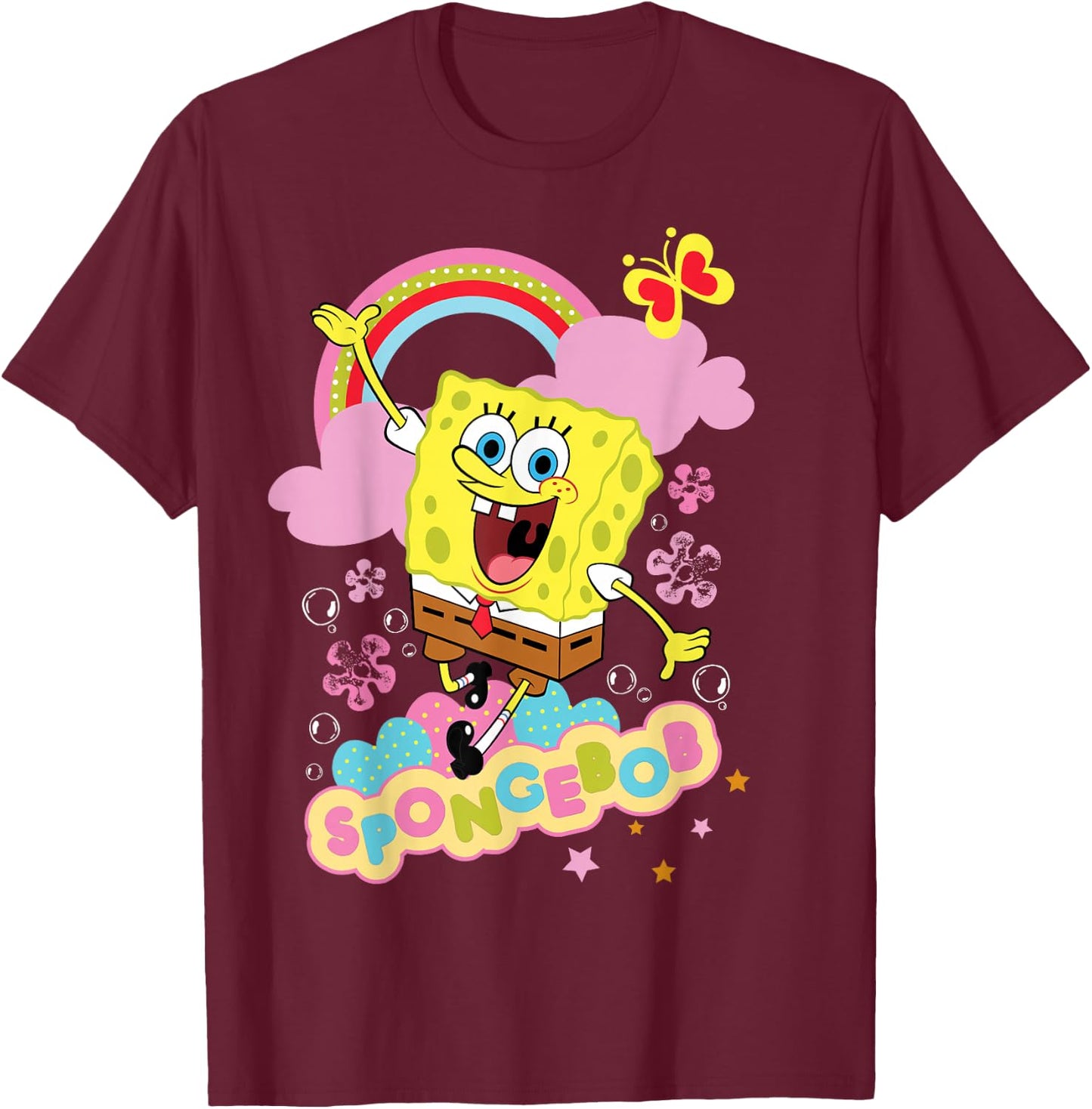 Spongebob Squarepants Flowers and Rainbow T-Shirt - T-Shirt | Maroon