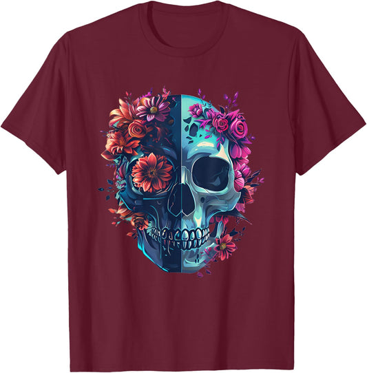 Rock Music Style Florish With Skull T-Shirt - T-Shirt | Maroon