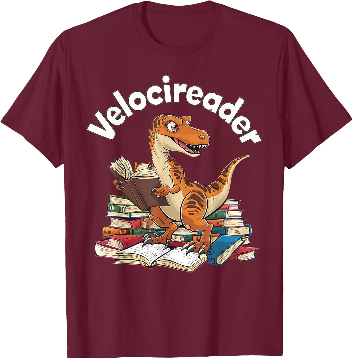 Velocireader Funny Velociraptor Dinosaur Reading Book Lover T-Shirt - T-Shirt | Maroon
