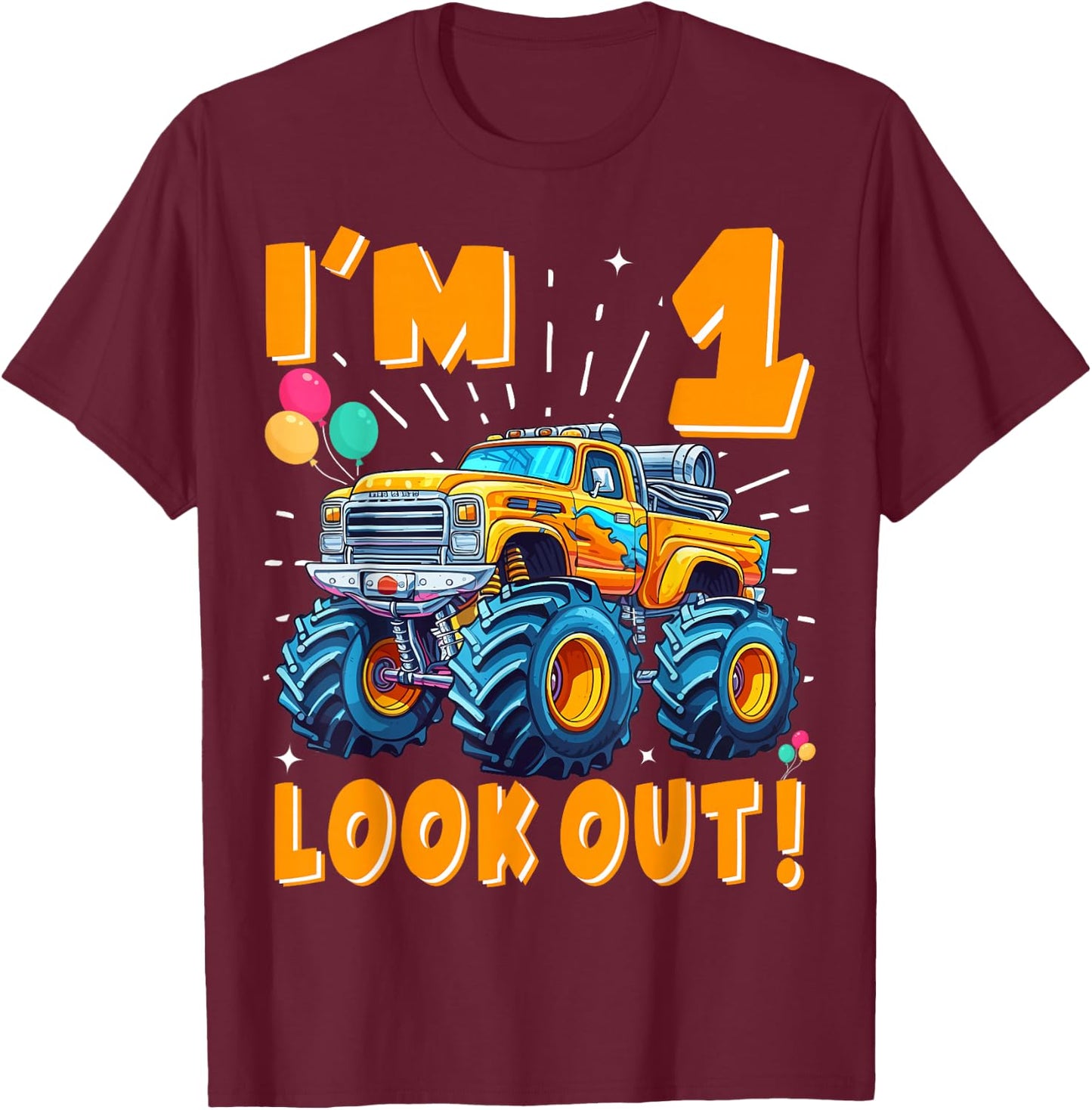 One 1st Birthday Boy Monster Truck Car 1 Year Old T-Shirt - T-Shirt | Maroon
