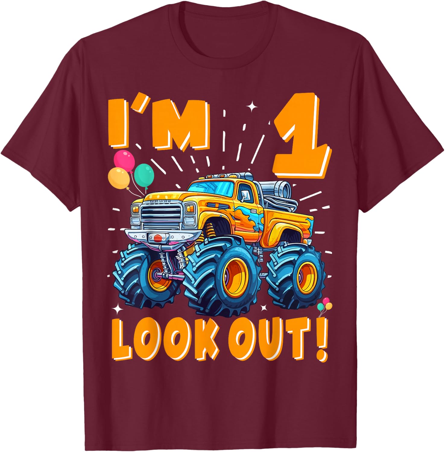 One 1st Birthday Boy Monster Truck Car 1 Year Old T-Shirt - T-Shirt | Maroon