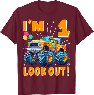 One 1st Birthday Boy Monster Truck Car 1 Year Old T-Shirt - T-Shirt | Maroon