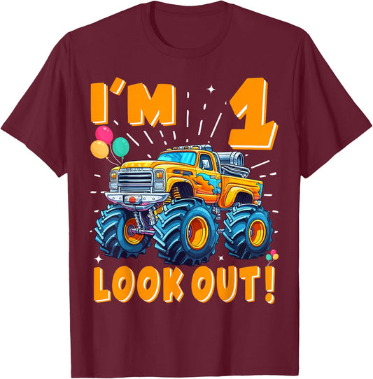 One 1st Birthday Boy Monster Truck Car 1 Year Old T-Shirt - T-Shirt | Maroon