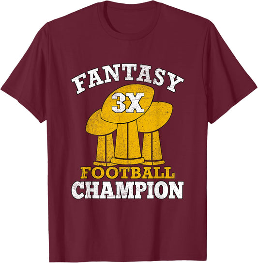 Fantasy Football 3x Champion Three Time Champ Fantasy Winner T-Shirt - T-Shirt | Maroon