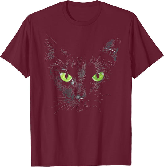 Funny Black Cat Face Green Eyes Kitten Halloween Costume Women Kids T-Shirt - T-Shirt | Maroon