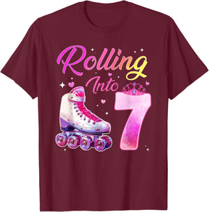 Rolling Into 7 Girl 7th Birthday Roller Skating T-Shirt - T-Shirt | Maroon