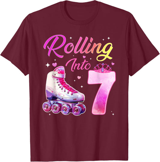 Rolling Into 7 Girl 7th Birthday Roller Skating T-Shirt - T-Shirt | Maroon