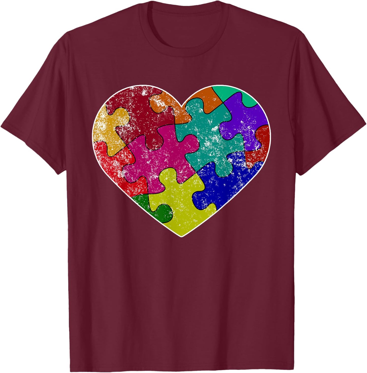 Heart Autism Puzzle Piece Shirt - Autism Vintage Print T-Shirt - T-Shirt | Maroon