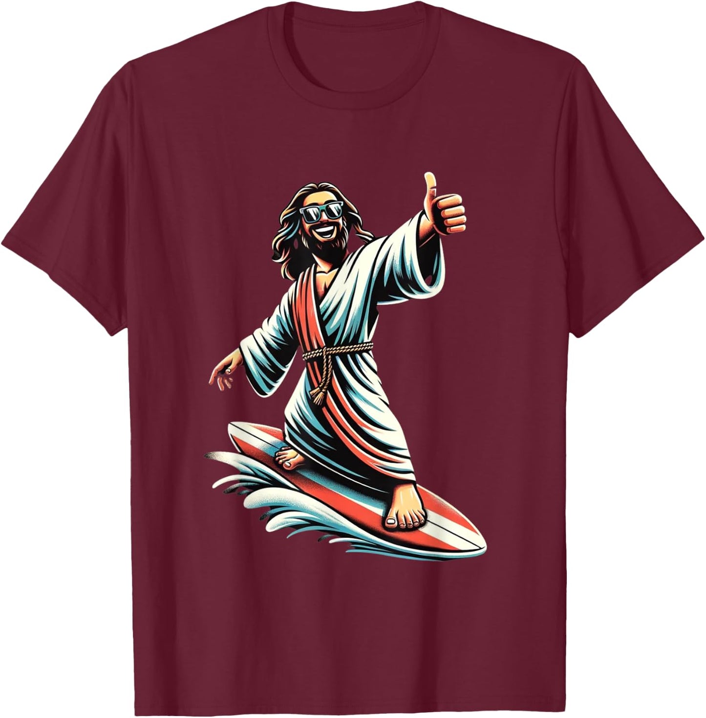 Jesus Surfing on Water, Thumbs-up Fun Christian Design T-Shirt - T-Shirt | Maroon