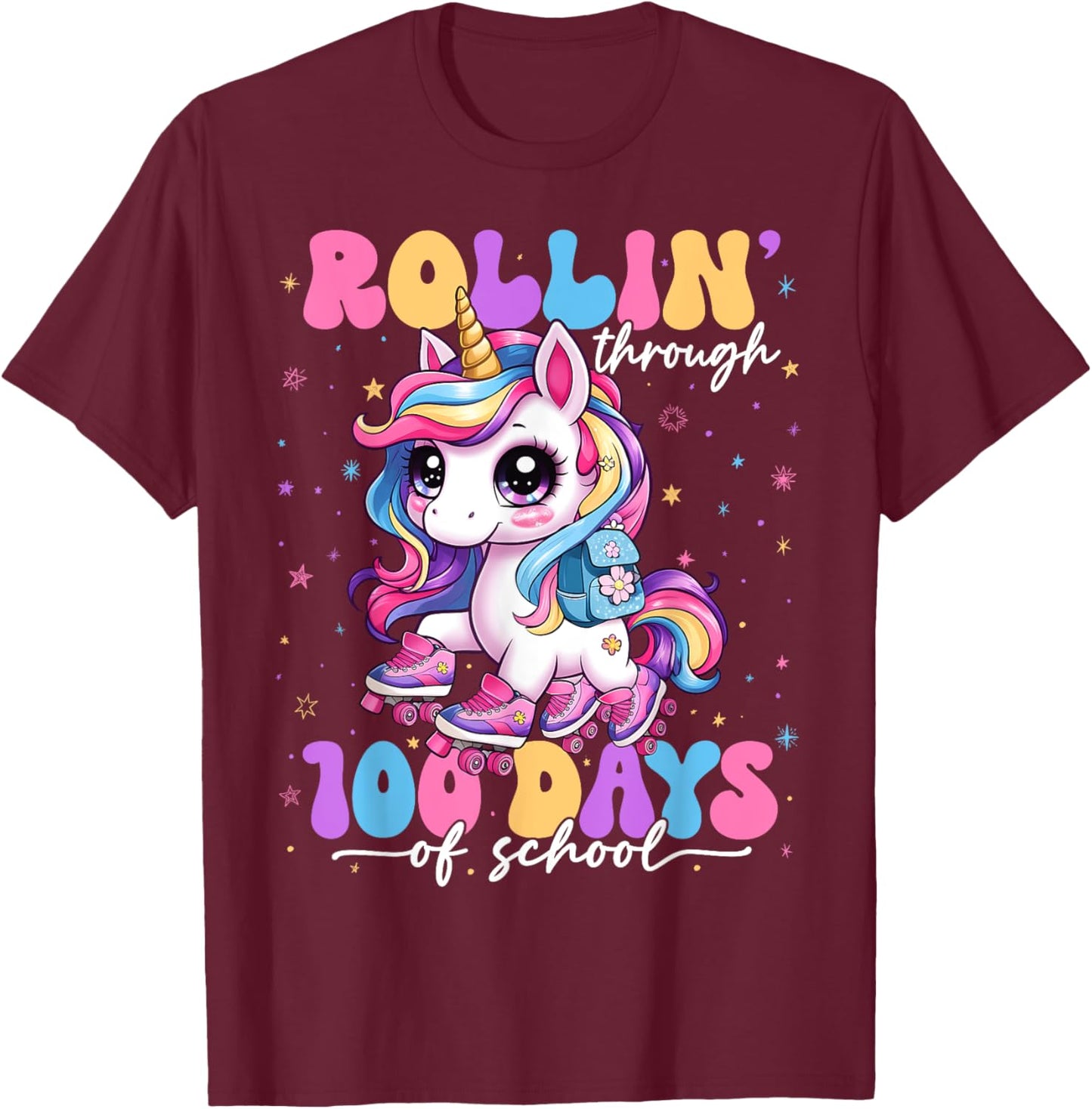 Rollin' Through 100 Days Of School 100th Day Unicorn Teacher T-Shirt - T-Shirt | Maroon