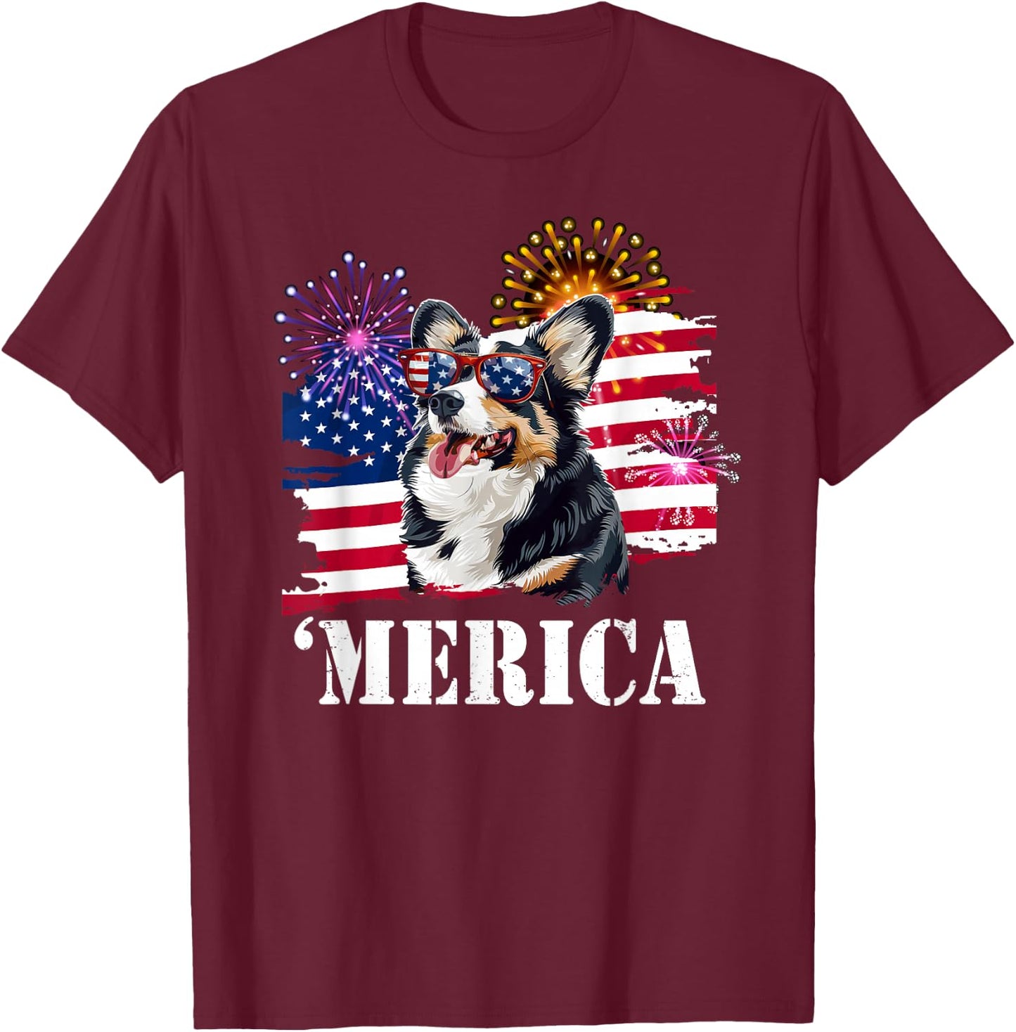 Funny USA Flag 4th 'Merica Black Tricolor Corgi Lover T-Shirt - T-Shirt | Maroon