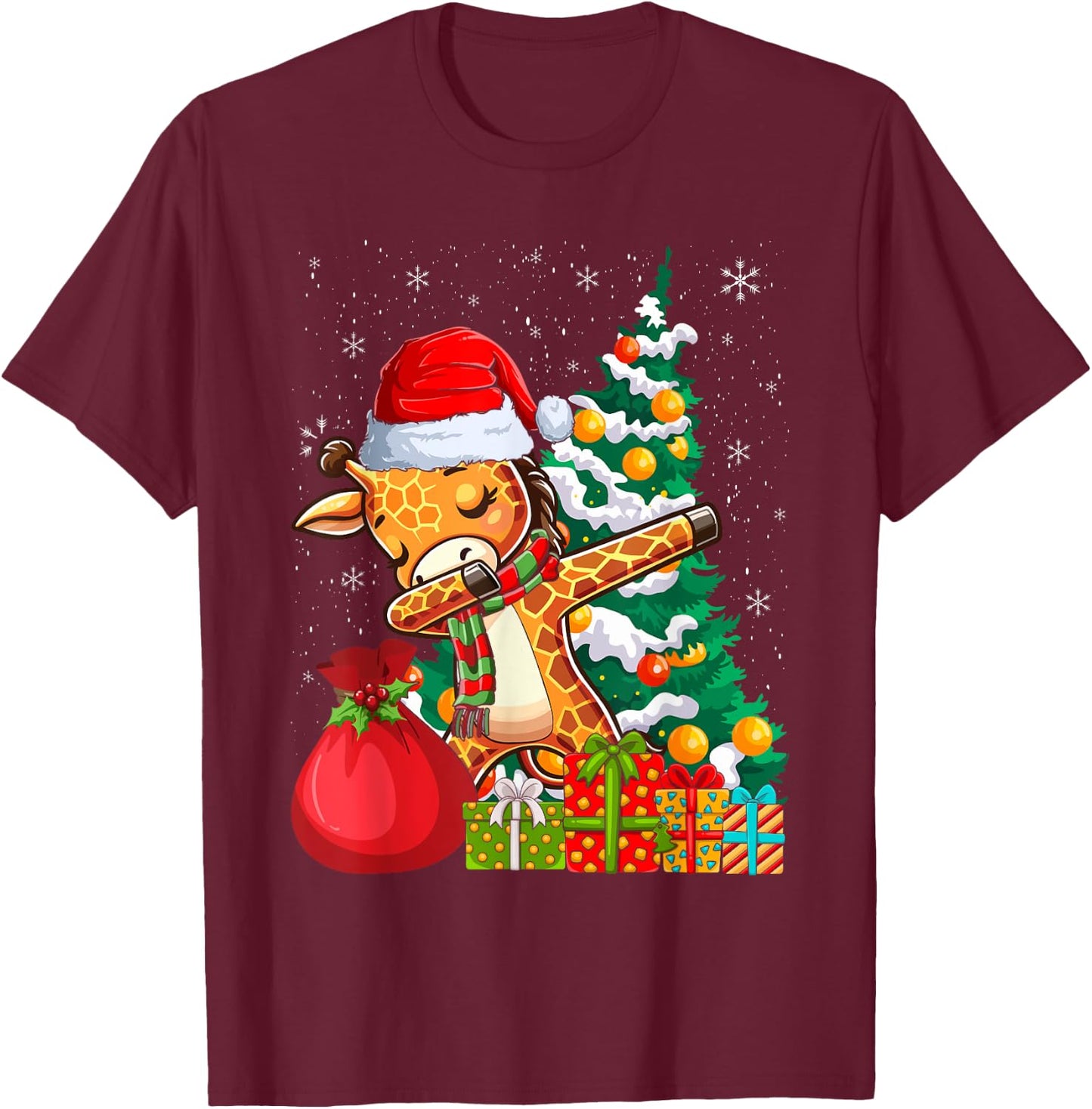 Dabbing Giraffe Santa Christmas Kids Boys Girls T-Shirt - T-Shirt | Maroon