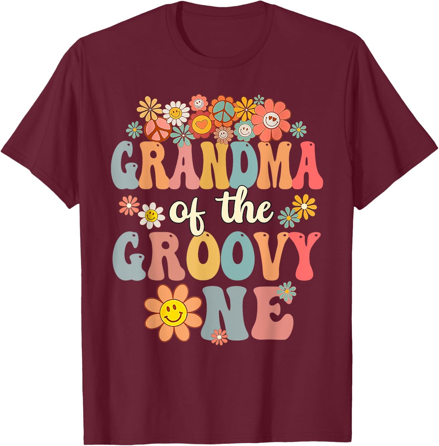 Retro Grandma of Groovy One Matching Family 1st Birthday T-Shirt - T-Shirt | Maroon