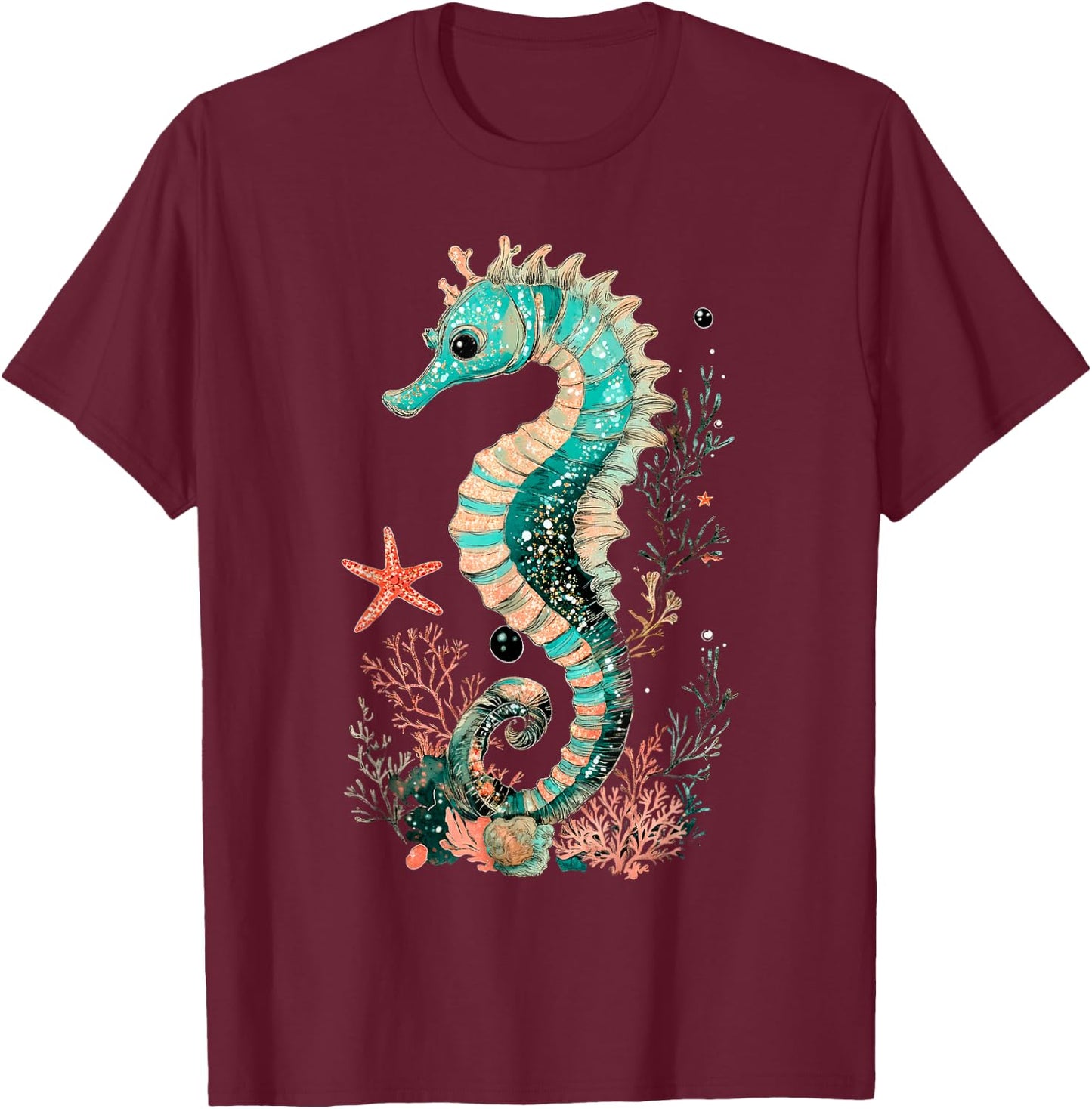 Seahorse Coral Starfish Nautical Art T-Shirt - T-Shirt | Maroon