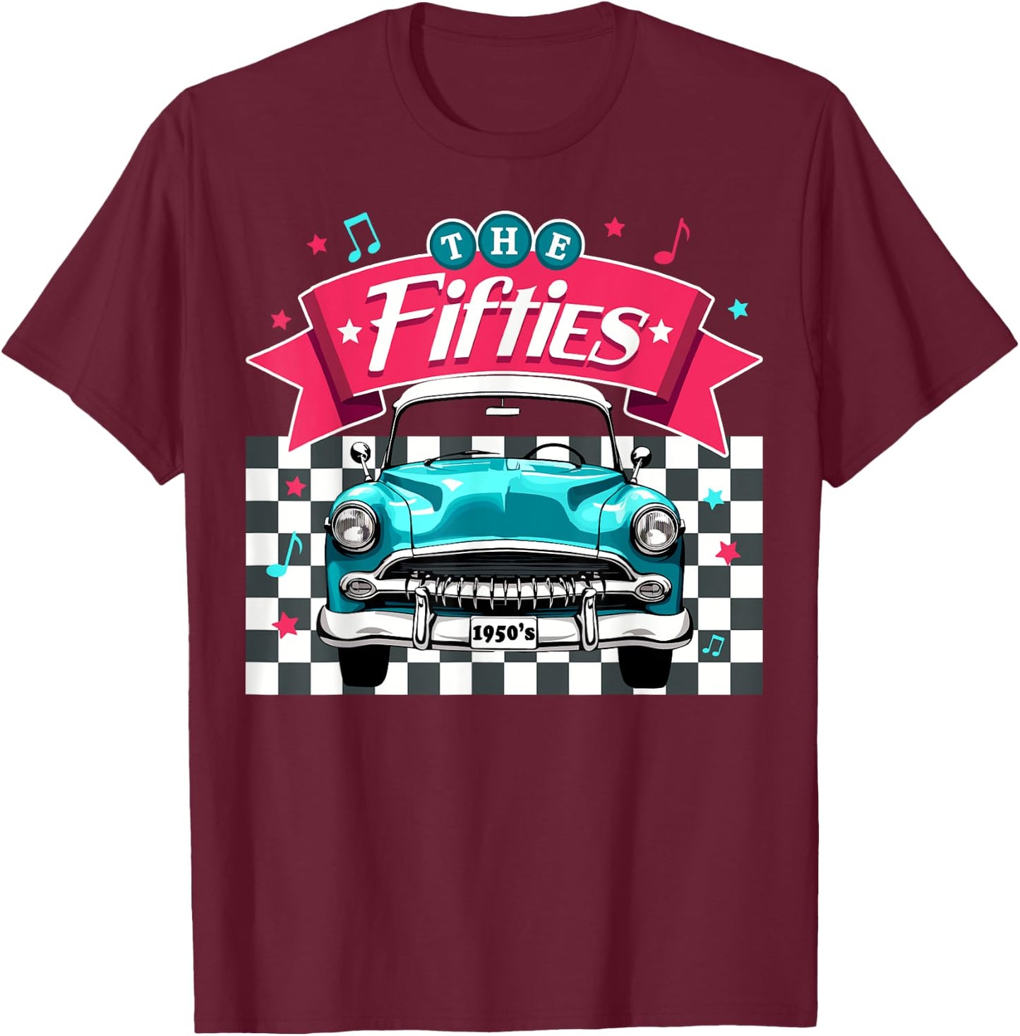 The Fifties 1950s Car Music Checkerboard Rockabilly Sock Hop T-Shirt - T-Shirt | Maroon