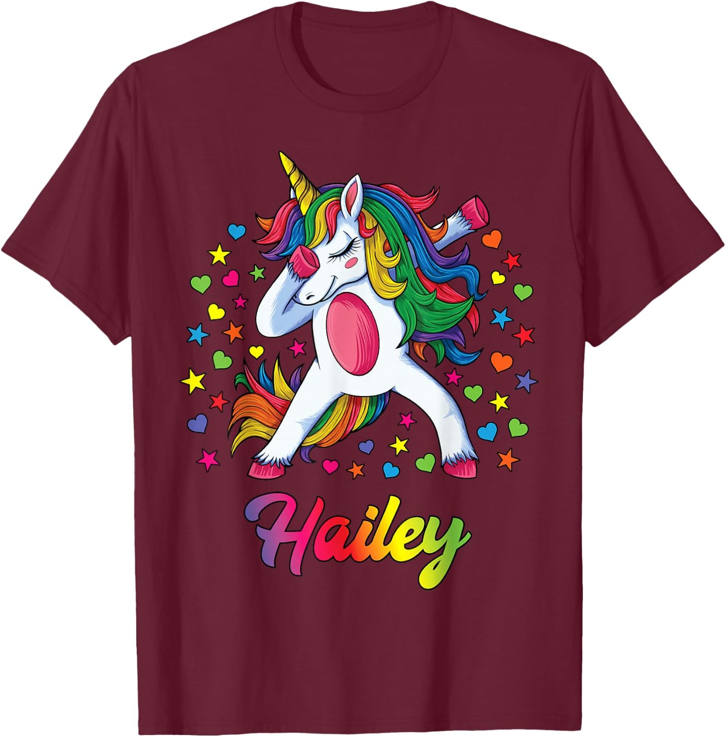 Hailey Dabbing Unicorn Rainbow Personalized Name Custom T-Shirt - T-Shirt | Maroon