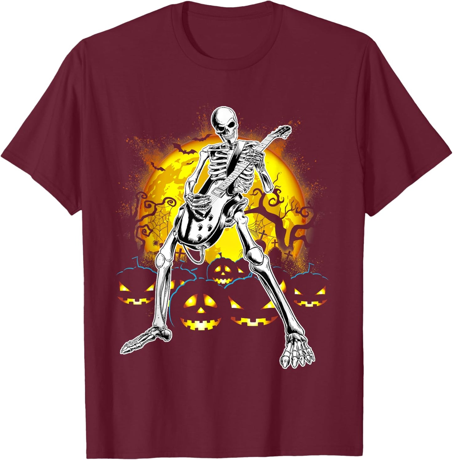 Happy Halloween Funny Skeleton Playing Guitar Pumpkin Vibes T-Shirt - T-Shirt | Maroon
