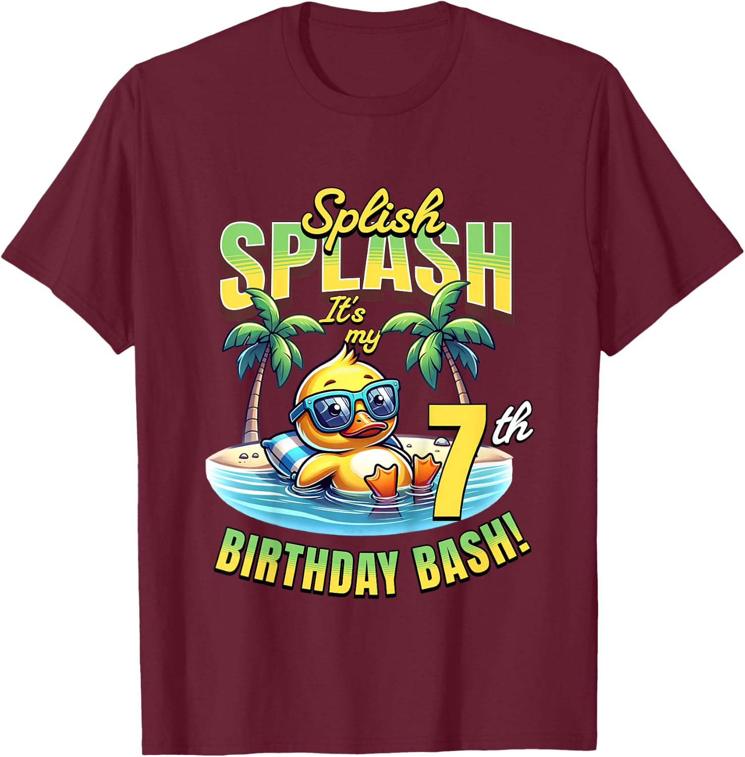 Kids Splish Splash 7th Birthday Bash Duck Beach Pool Party Kids T-Shirt - T-Shirt | Maroon