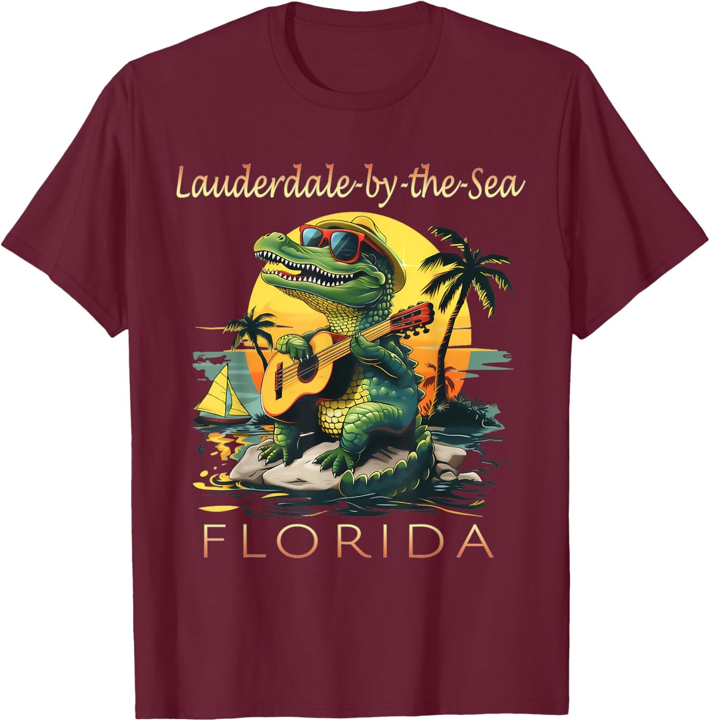 Lauderdale-by-the-Sea Florida Vacation Cute Alligator Sunset T-Shirt - T-Shirt | Maroon