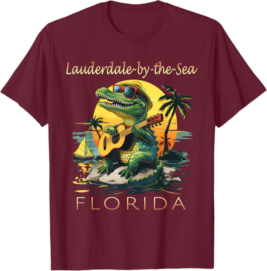 Lauderdale-by-the-Sea Florida Vacation Cute Alligator Sunset T-Shirt - T-Shirt | Maroon