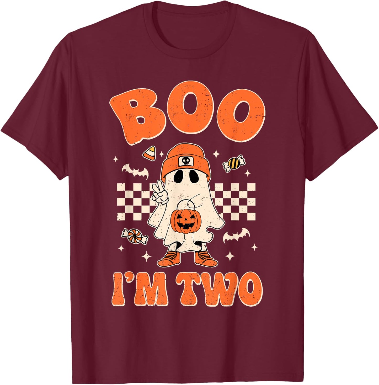 Boo I'm Two Years Old Birthday Kid Boy Retro Ghost Halloween T-Shirt - T-Shirt | Maroon