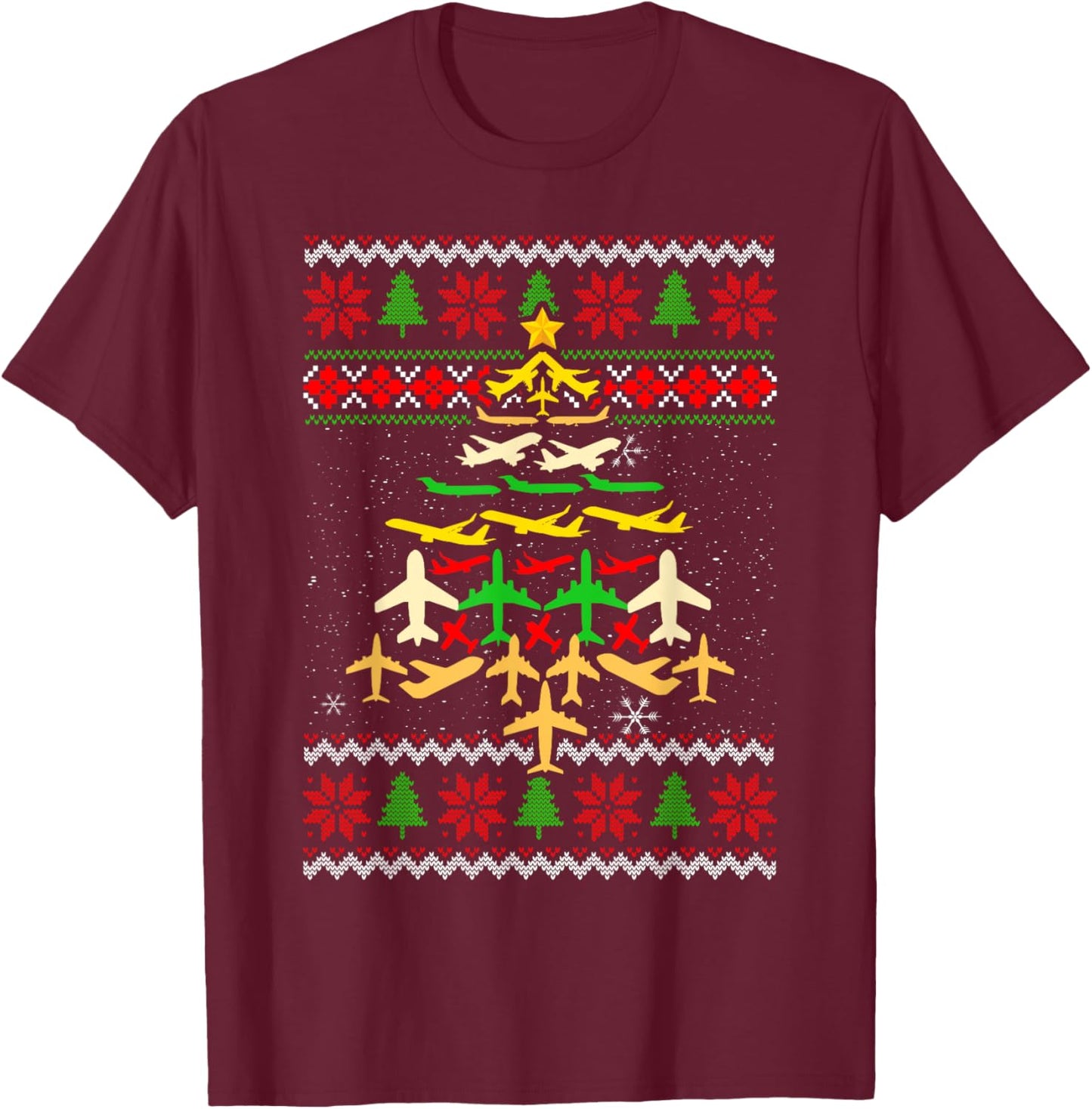Airplane Christmas Tree Ugly Xmas Sweater Decoration Pilot T-Shirt - T-Shirt | Maroon