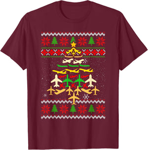Airplane Christmas Tree Ugly Xmas Sweater Decoration Pilot T-Shirt - T-Shirt | Maroon