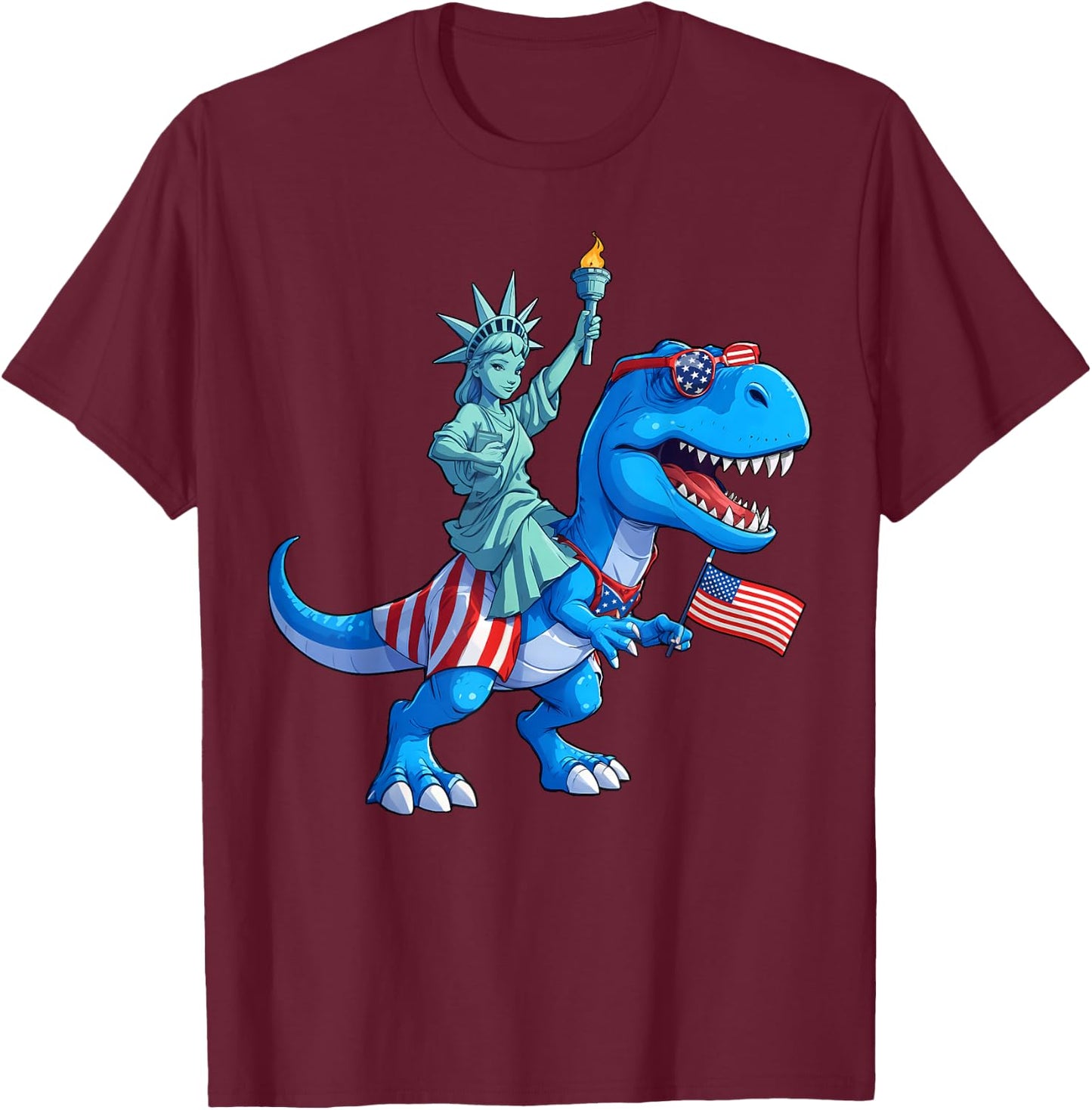 Dino Statue Of Liberty 4th Of July TRex American Flag Boys T-Shirt - T-Shirt | Maroon