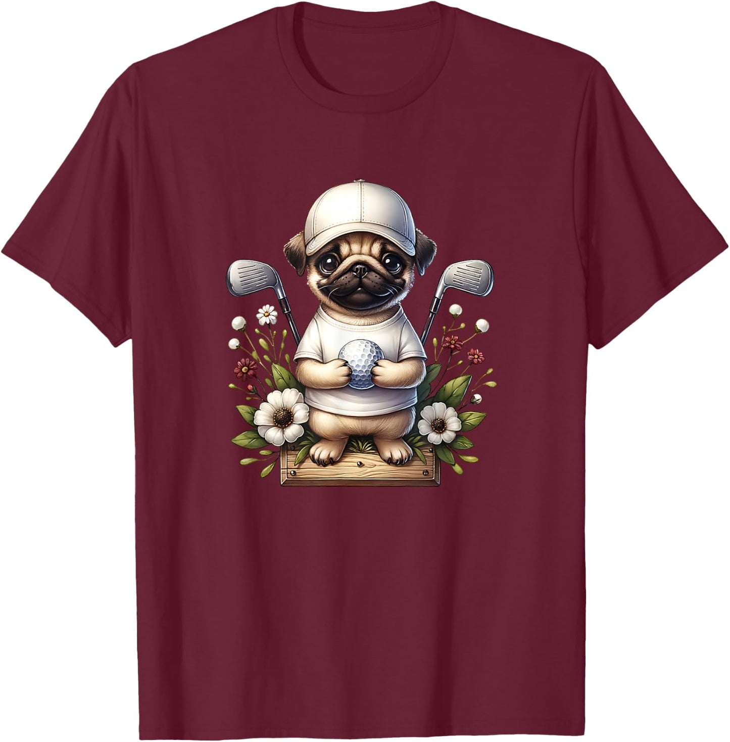 Funny Pug Golfer With Golf Ball And Clubs T-Shirt - T-Shirt | Maroon