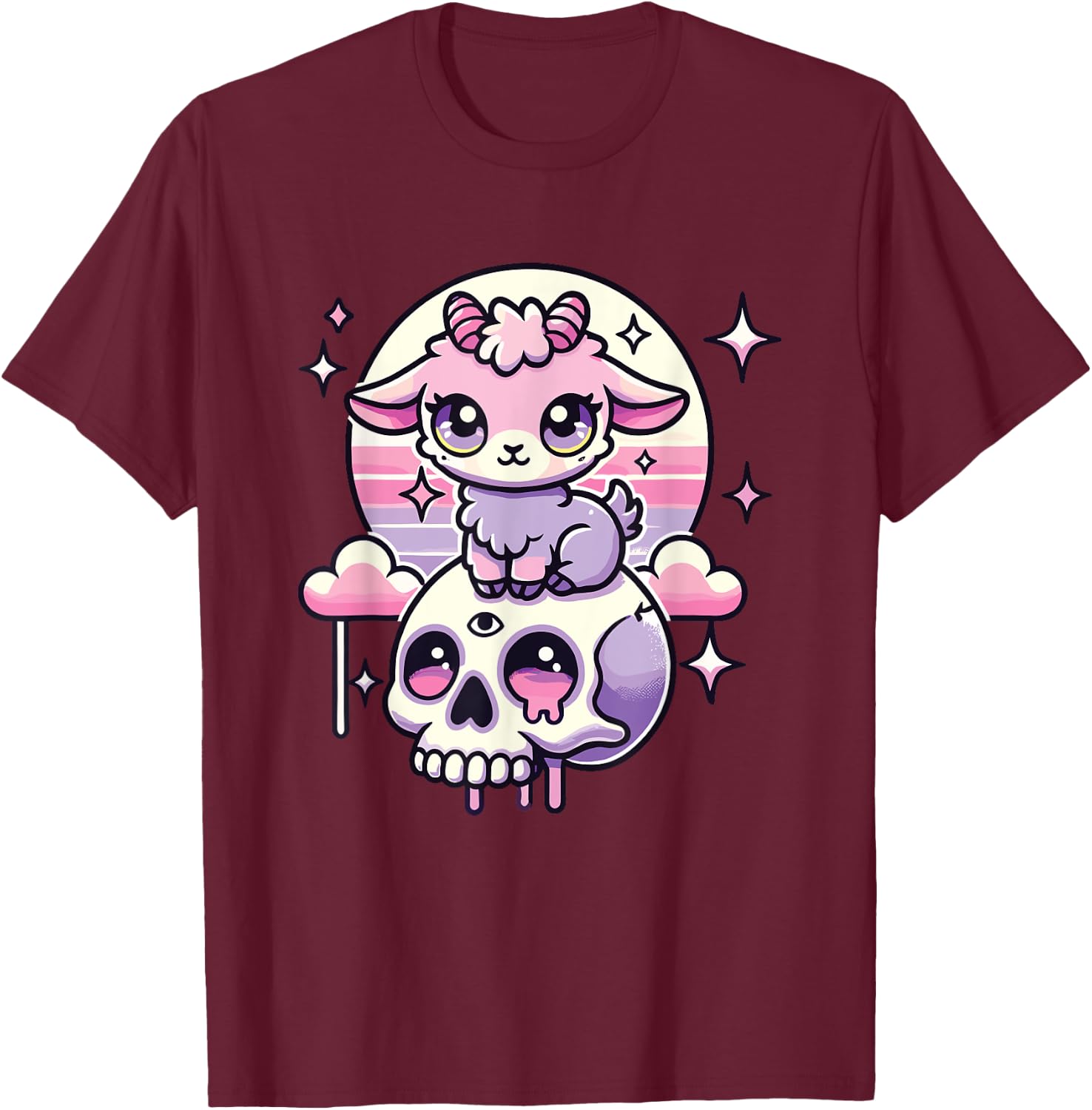 Kawaii Pastel Goth Cute Creepy Goat Bat Skeleton T-Shirt - T-Shirt | Maroon