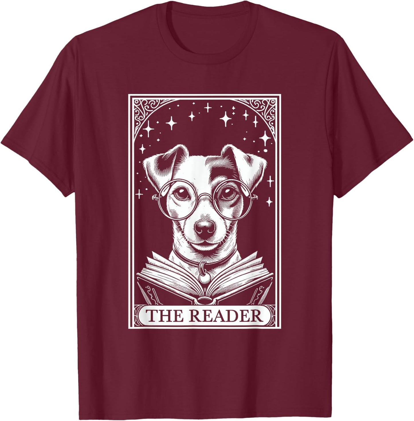 Retro Funny Jack Russell Dog Mom Reading Bookworm Tarot Card Jack Russell Terrier Book Lover - -Adults, -Kids - Black - Short Sleeve - Small T-Shirt - T-Shirt | Maroon