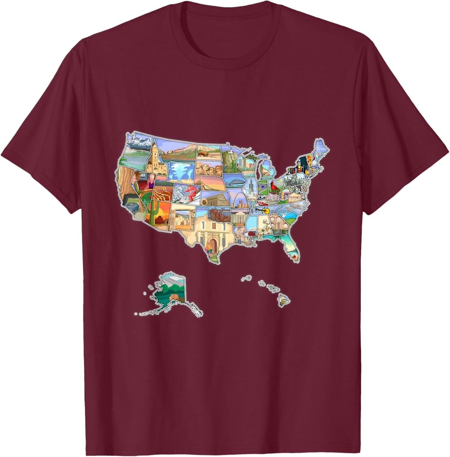 Illustrated pictorial map of United States, USA tourist map T-Shirt - T-Shirt | Maroon