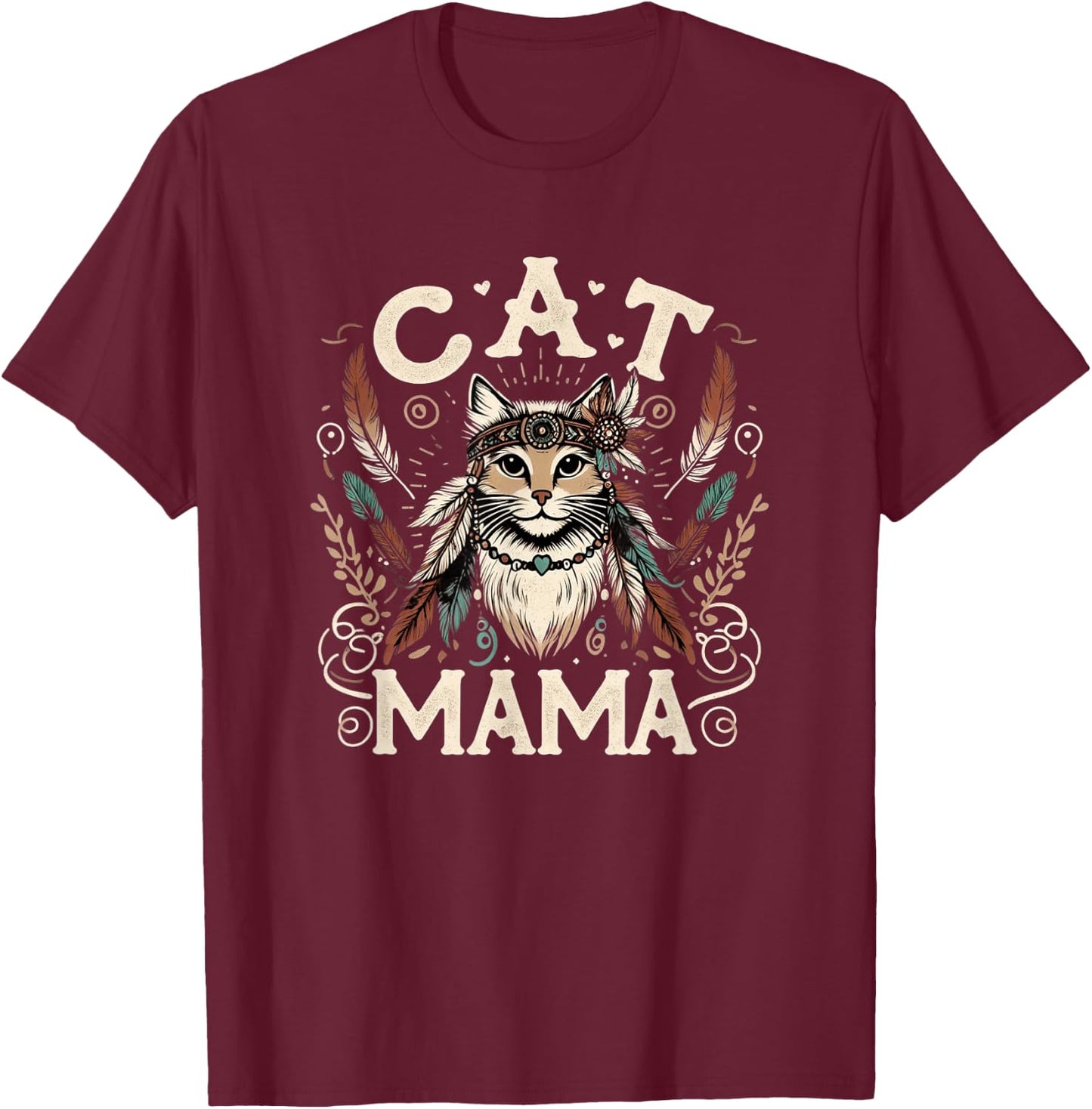 Cat Mama Cute Boho Cat Mother's Day Hippie Cat Mom T-Shirt - T-Shirt | Maroon